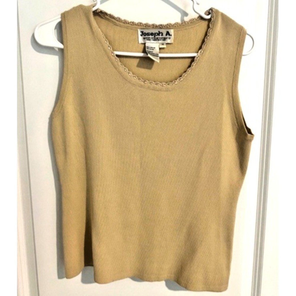 Joseph A. Vintage Knit Tank Shell – Tan Beige‎ Scalloped Lace Trim – Size Medium